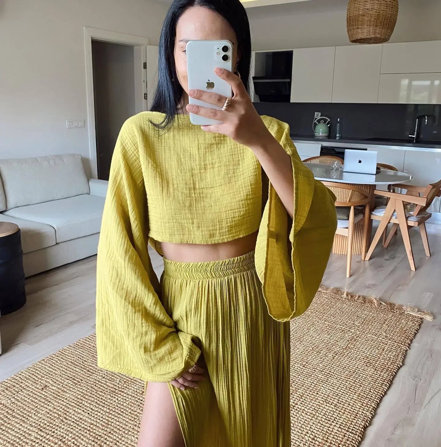 2 Pcs/Set Women Crop Top Skirt Sets Long Sleeve Top High Waist Split Skirts Suit Beach Bikini Coverup Lady Elegant Party Outfit