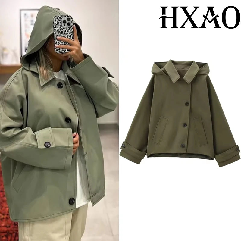 HXAO Green Warm Winter Hooded Jackets Women's 2024 Autumn Outdoor Oversized Bomber Jacket Coats Demi-Season Windbreak Outerwears