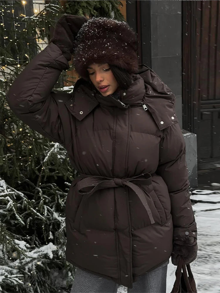 Winter Warm Hooded Cotton Jacket Women Fashion Standneck Zipper Long Sleeves Lace Up Coat 2025 Female Chic Casual Outerwear