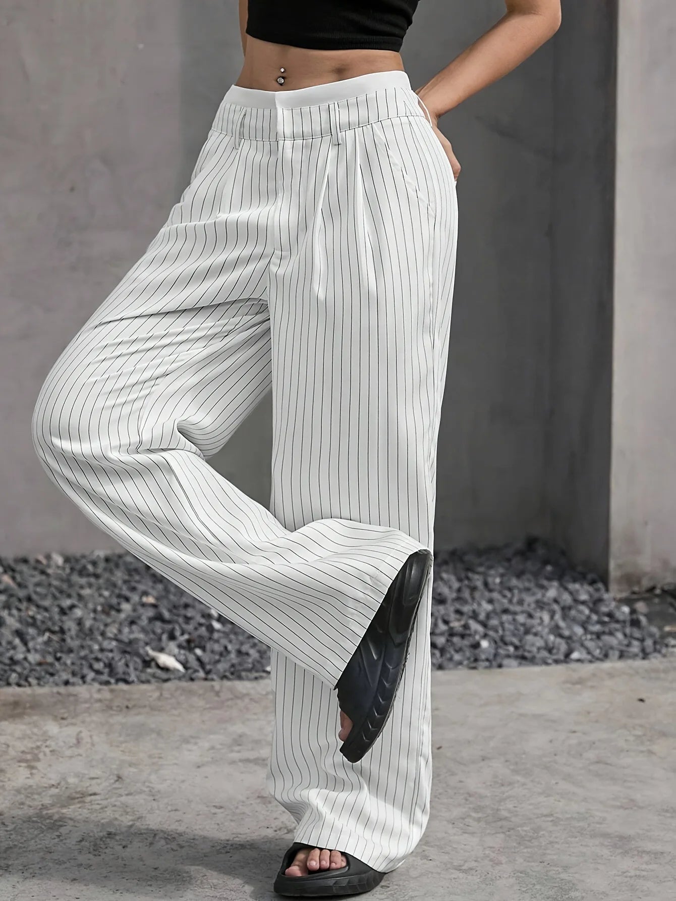 Women's Straight Leg Pinstripe Trousers High Waist Office Business Pants Casual Striped Dressy With Pockets