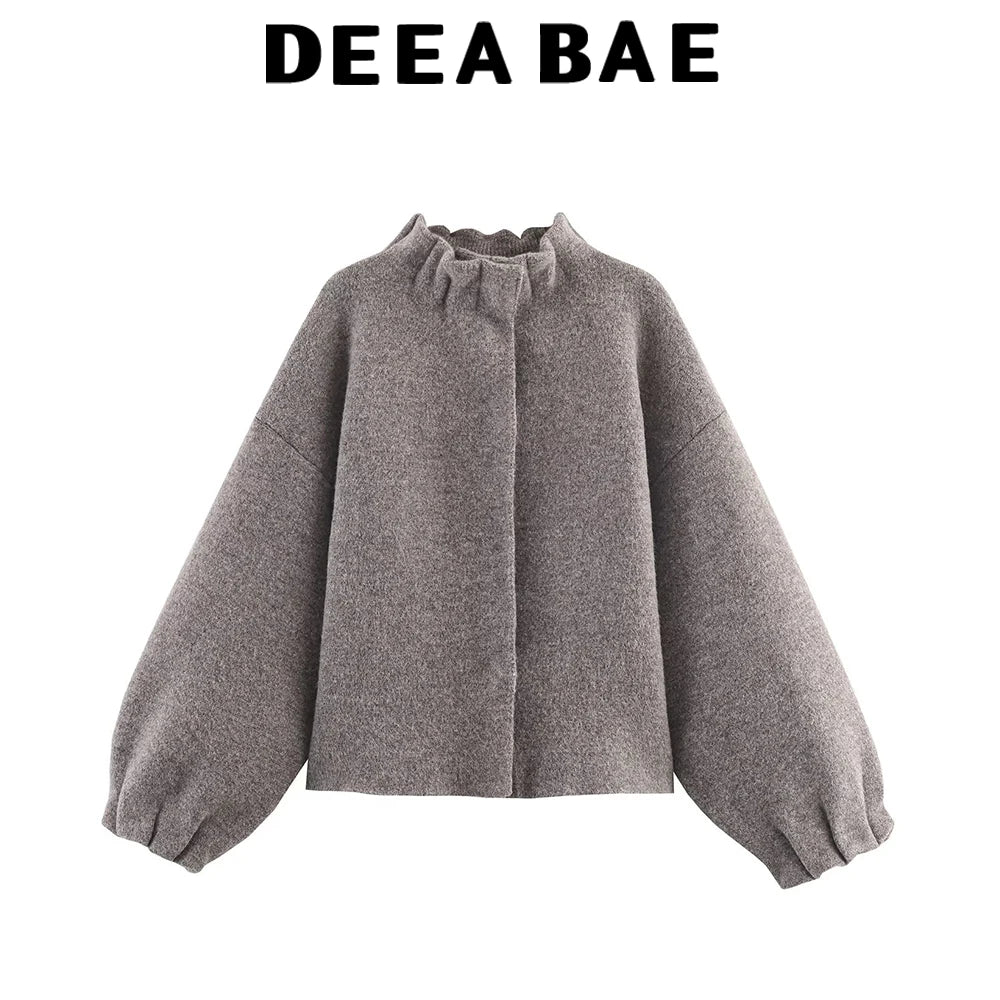 DEEABAE New autumn and winter fashion women's stand up collar loose and slimming versatile knitted jacket half skirt set