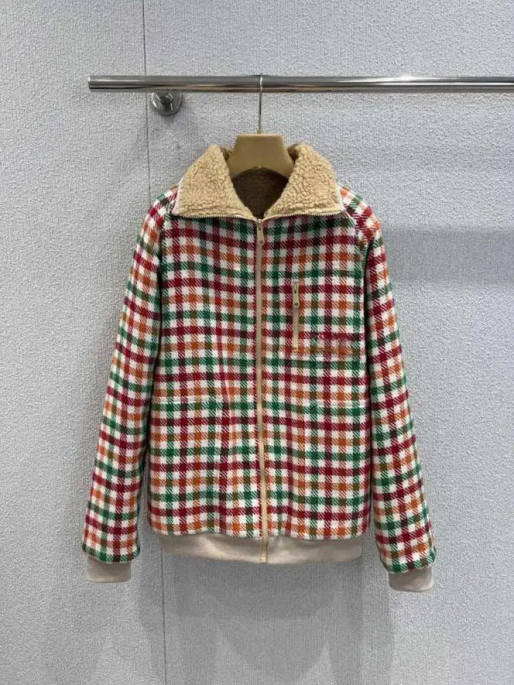 Colorful 2025 New Plaid Eco-friendly Lamb Fur Collar Jacket Coat Fluffy Warm Loose Slim For Women/Men