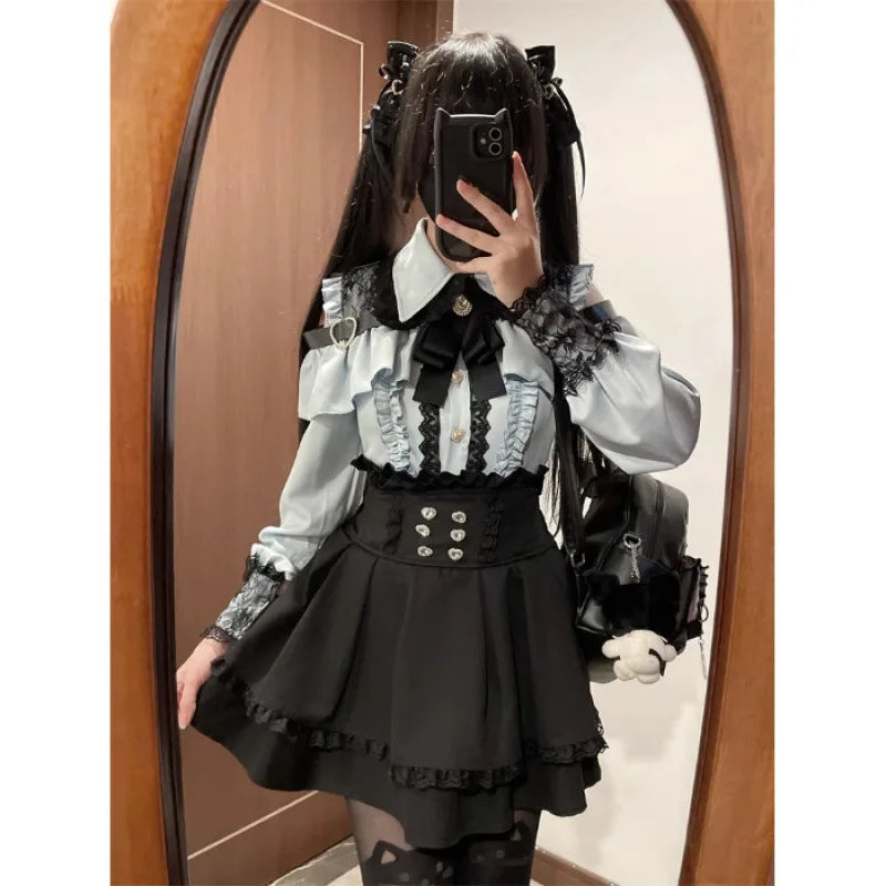 Yami Kawaii Two-Piece Set - Lace Blouse & Mini Skirt Coord, Sexy Gothic Lolita Crop Top with Detachable Sleeves for Petite Girls