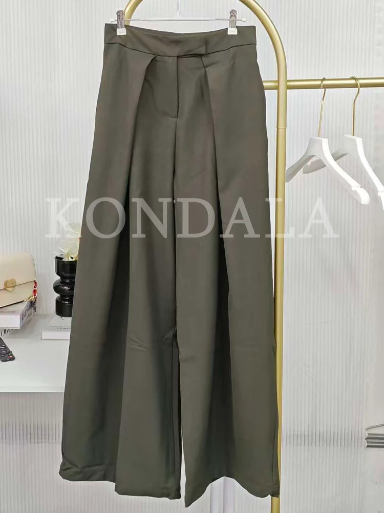 KONDALA Commute High Street Wide-Leg Pants Women's Elegant Vertical Pleated Trousers 2025 Spring Fall Fashion Office Lady Pants