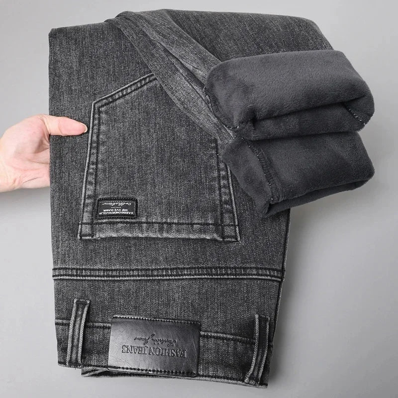 Winter Warm Jeans Men's Slim Straight Elastic Denim Pants Casual Male Clothing Fashion Plush Trousers New Hot Sale Fashion Jeans