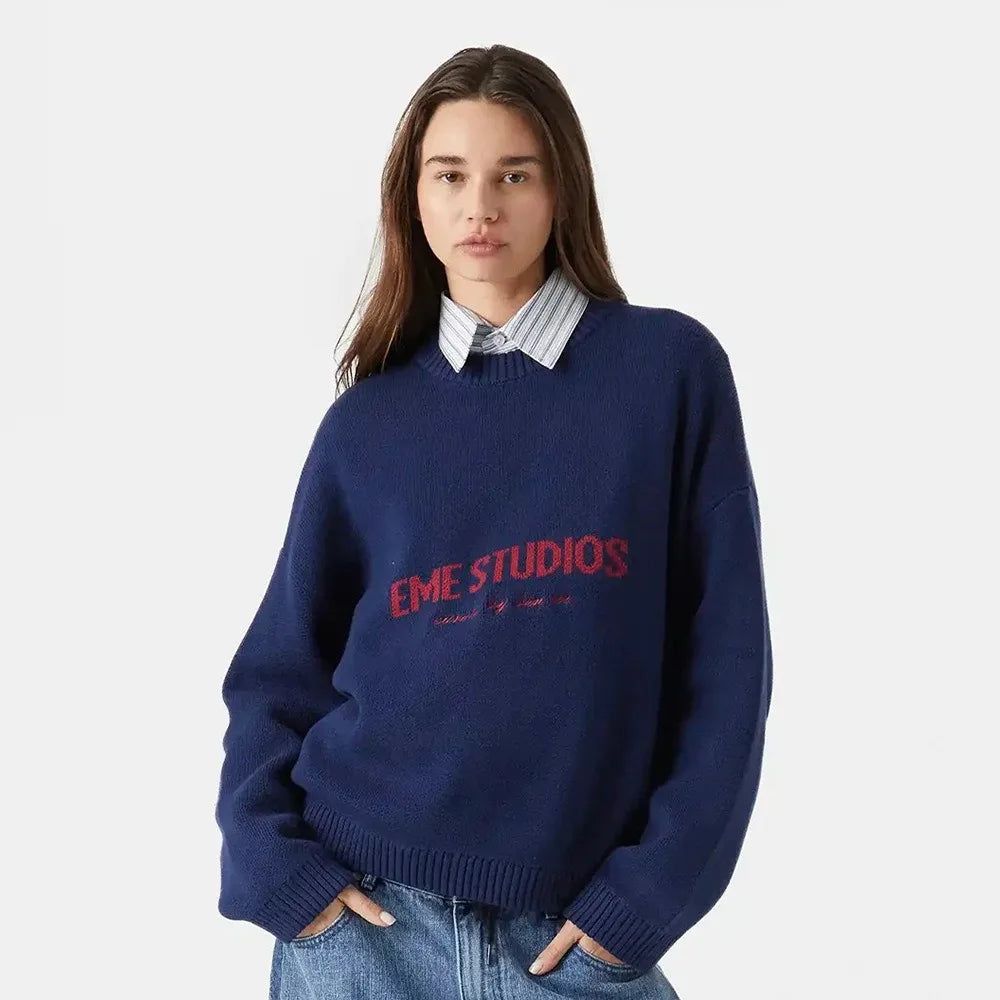 Lazy Style Letter Jacquard Knitted Sweater Autumn and Winter Women Fashion Street Travel Campus Daily Office Thick Warm Sweater
