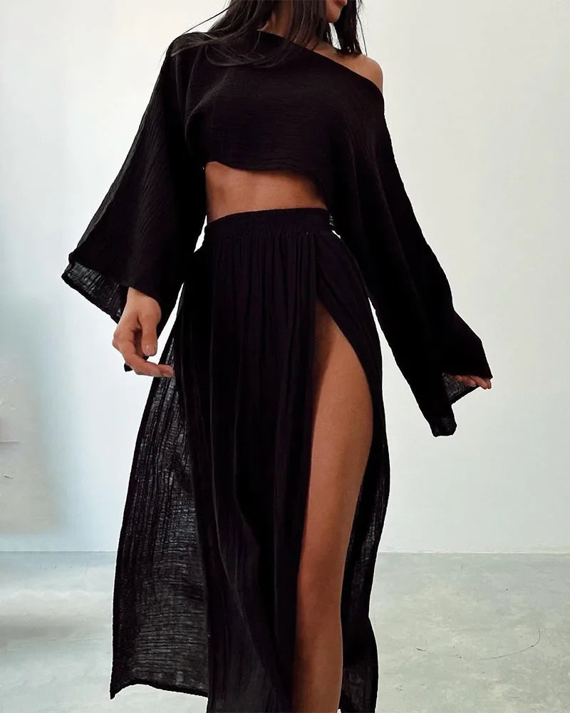 2 Pcs/Set Women Crop Top Skirt Sets Long Sleeve Top High Waist Split Skirts Suit Beach Bikini Coverup Lady Elegant Party Outfit
