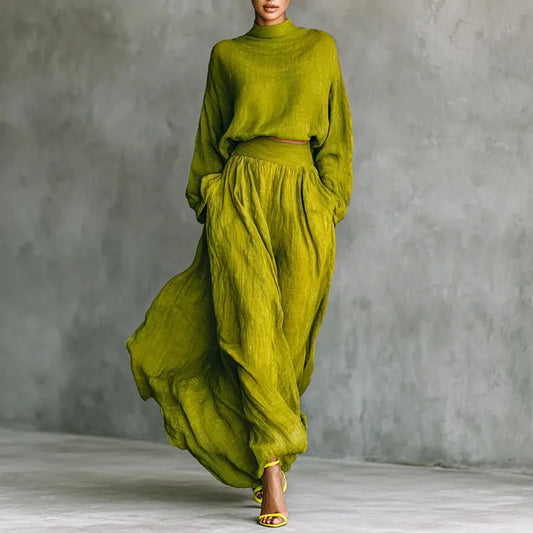 Autumn Long Sleeve Turtleneck Top Pullover+Maxi Skirts 2 Pieces Sets Retro Solid Cotton Linen Pleated Suit Fashion Woman Outfits