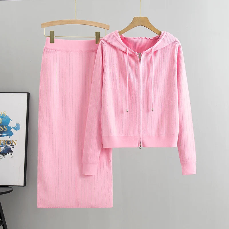 2025 new women's Knitted Cardigan High Waisted Buttocks Wrapped  Skirt 2 Piece Suits Luxury Hot Diamond Fashion Sets