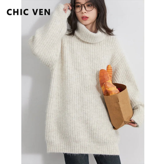 CHIC VEN Women Turtleneck Sweaters Solid Loose Casual Pullovers Bottom Thick Warm Female Jumpers Knitwear Autumn Winter 2025