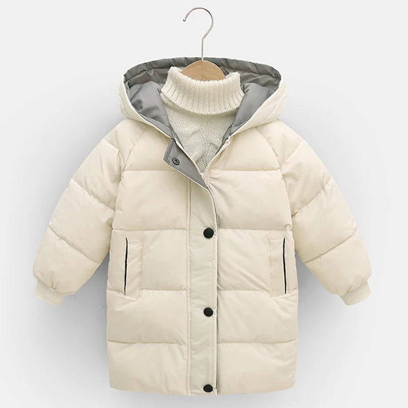 2 3 4 5 6 8 10 Years Girls Jacket Winter Long Style Solid Color Thick Keep Warm Hooded Outerwear For Boys Down Cotton Snowsuit