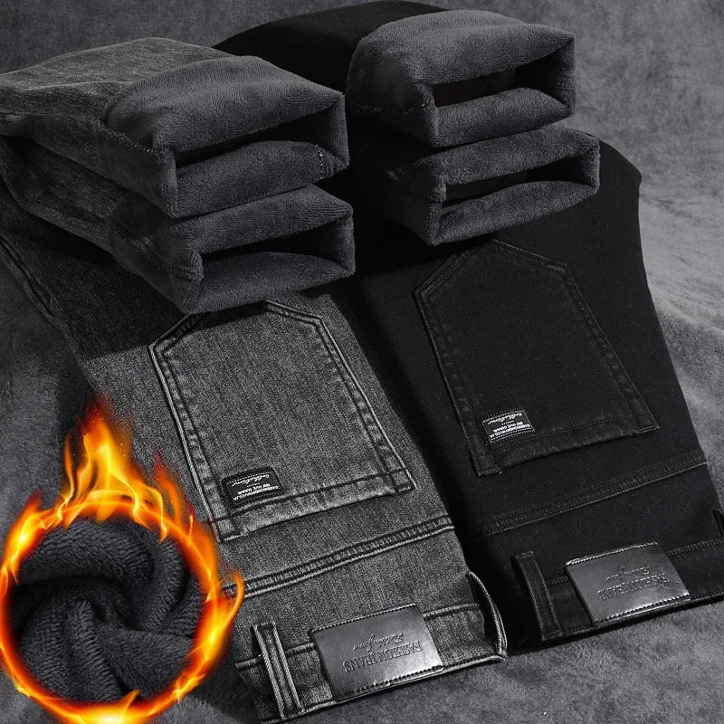 Winter Warm Jeans Men's Slim Straight Elastic Denim Pants Casual Male Clothing Fashion Plush Trousers New Hot Sale Fashion Jeans