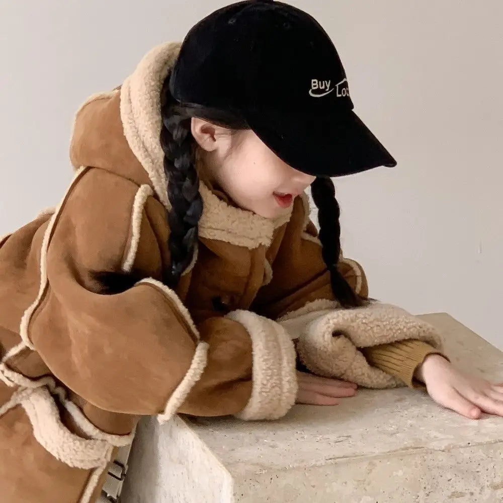 2025 Girls Sherpa-Lined Jacket Winter Fleece-Lined Korean Fashion Casual Hooded Coat with Faux Fur Trim Kids Outerwear