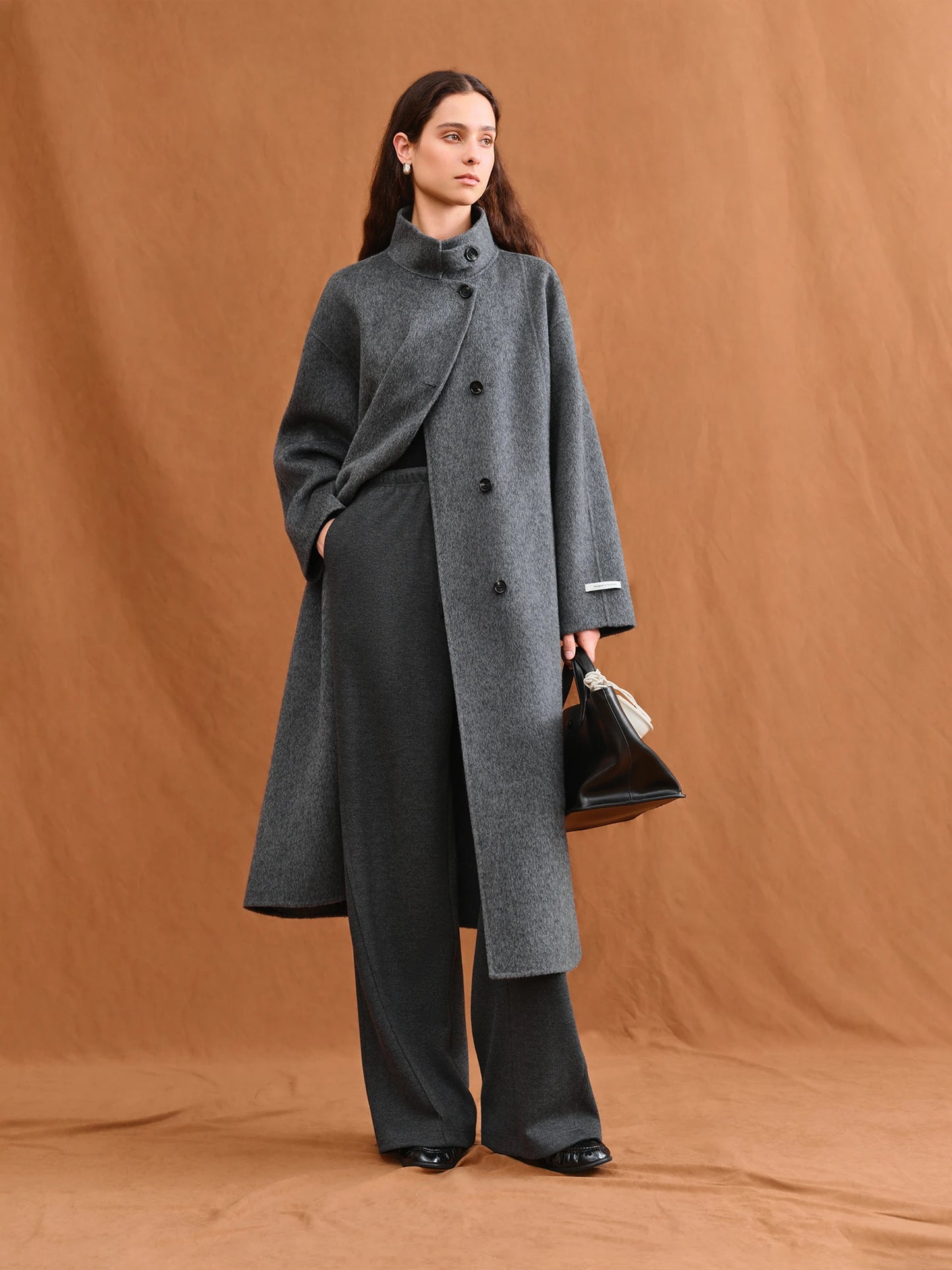FSLE 2025 New Women's Elegant Stand Collar 100% Wool Double-Faced Long Coat Diamond-Shaped Tailoring Autumn Winter Outerwear