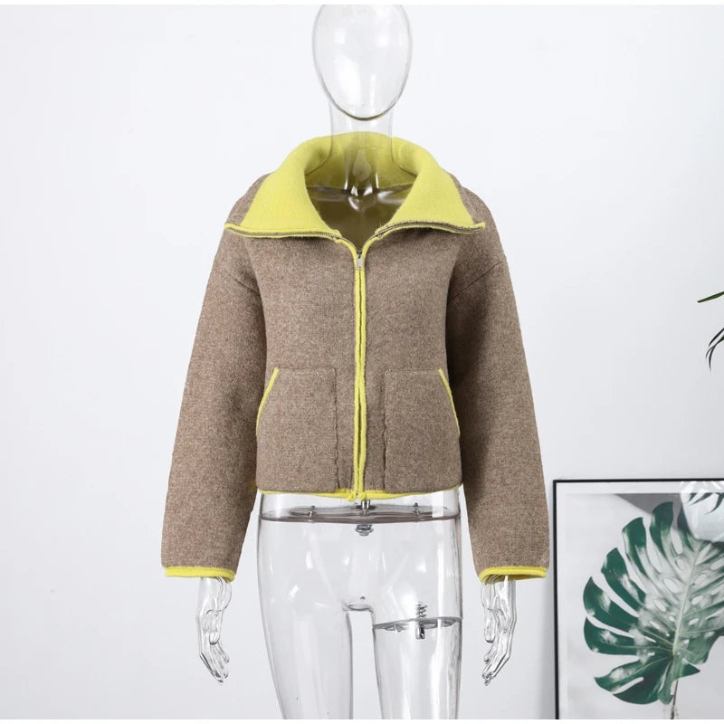 Fashion Contrast Stand Neck Jacket Women Zipper Pocket Full Sleeve Bomber Jackets Lady New Autumn Winter Casual Street Outwear