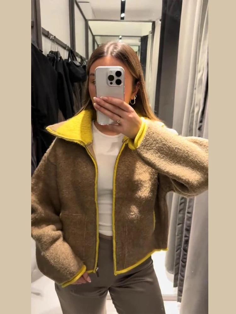 Color Blocking Knit Jacket Lady Long Sleeve Loose Zipper Pocket Casual Coat Chic Fashion Street Women's New Early Autumn Jackets