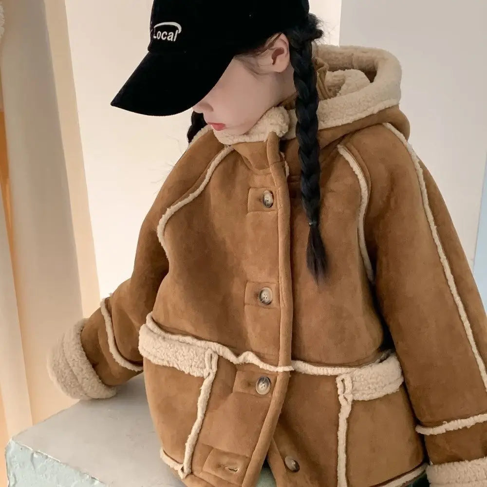 2025 Girls Sherpa-Lined Jacket Winter Fleece-Lined Korean Fashion Casual Hooded Coat with Faux Fur Trim Kids Outerwear