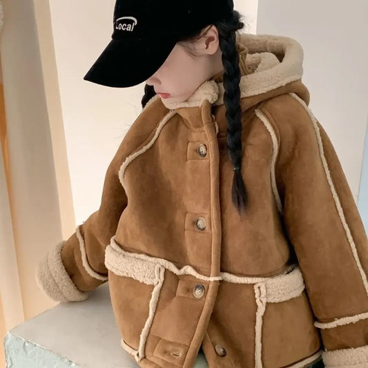 2025 Girls Sherpa-Lined Jacket Winter Fleece-Lined Korean Fashion Casual Hooded Coat with Faux Fur Trim Kids Outerwear
