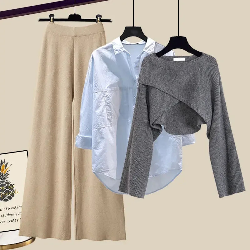 Autumn Knitted Sweater Wide Leg Pants Three Piece Set Plus Size Women's Fashion Slimming Shirt Dress Combo Female Wardrobe
