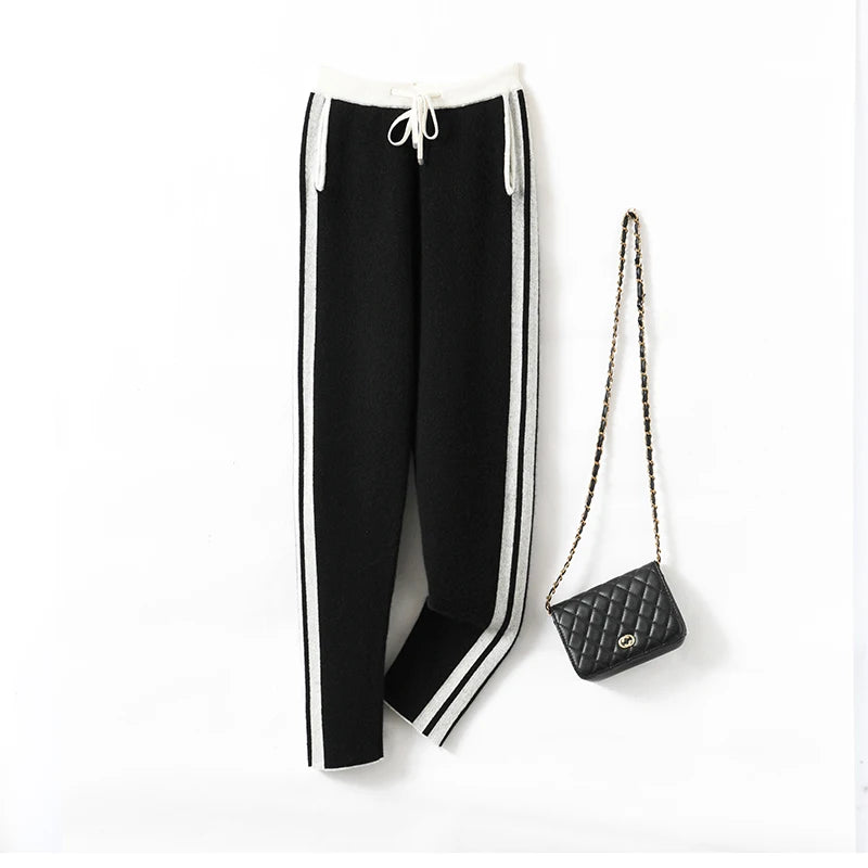 Autumn Winter Woman's Pants Fashion Pencil Pants 100% Merino Wool Knit Long Trouser Elastic Mid-Waist Patchwrok Full Length Pant