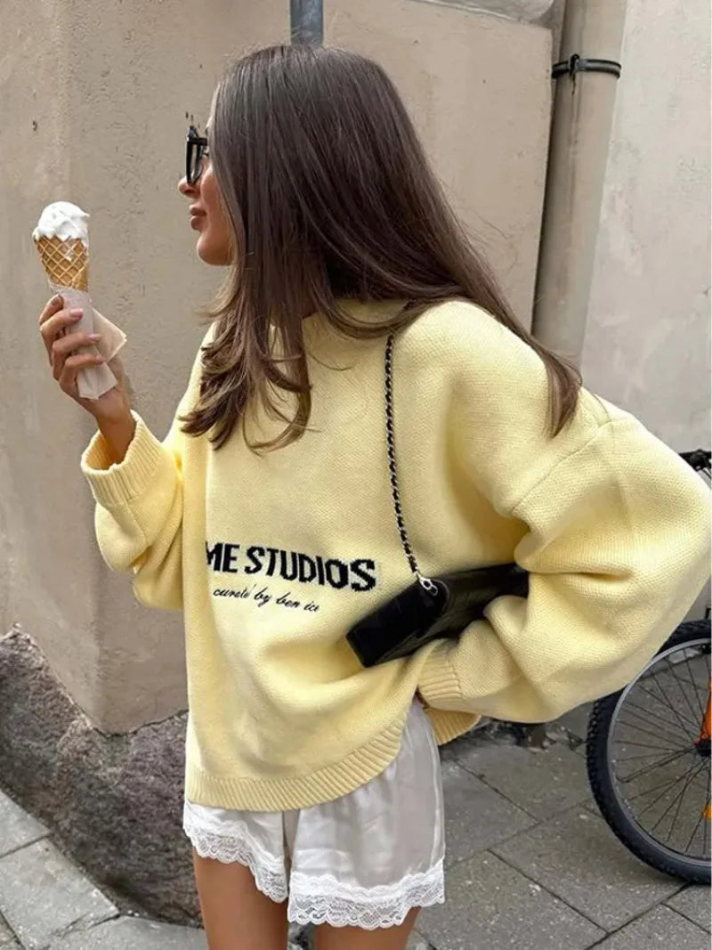 American Fashion Solid Knitted Women Casual Rib Pullover Round Neck Long Sleeve Loose Sweater  Autumn Lady Daily Street Outwear