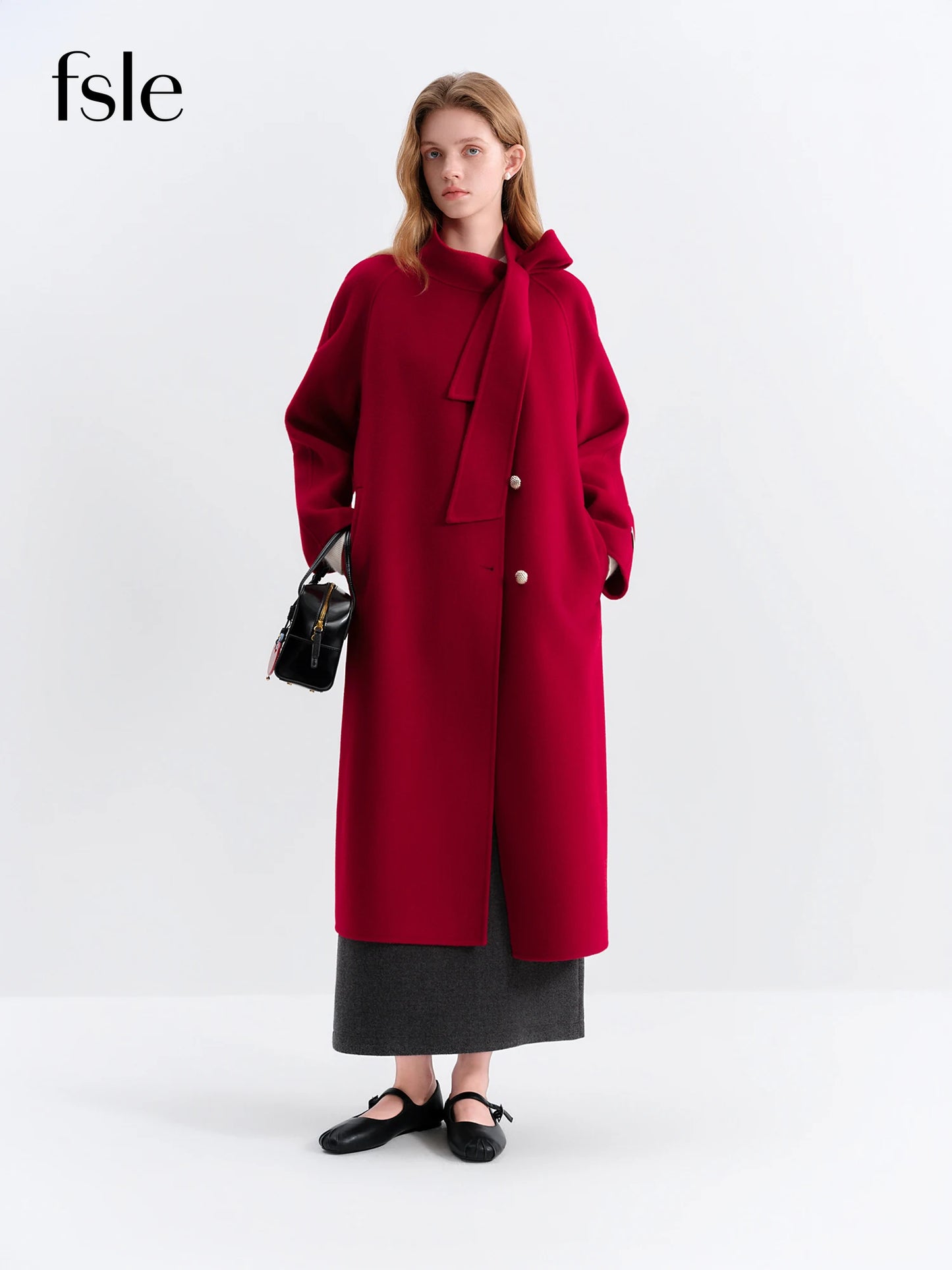 FSLE Winter 2025 Women Stand Collar Tie Detail Double Faced Wool Blend Coat - Long Length Elegant Outerwear for Casual Winter