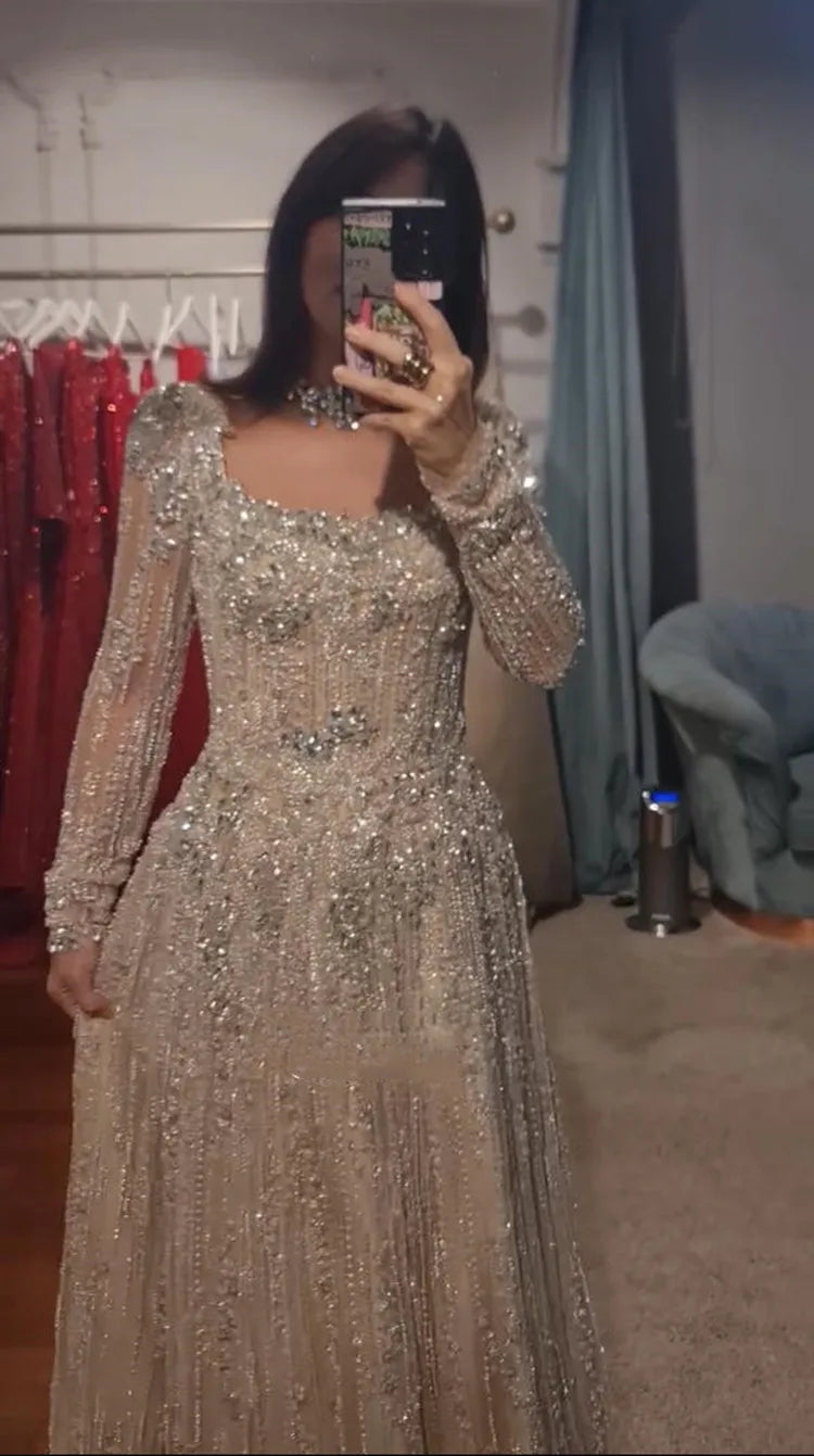 FATAPAESE Exquisite Stones Beads Haute Couture Evening Dresses Luxury Long Sleeve Prom Dresses for Wedding Party Arabic Dress