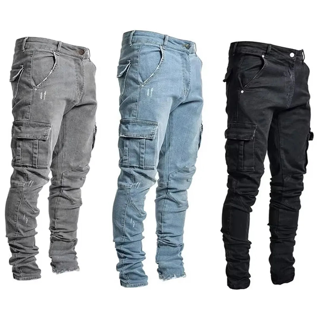Men Casual Pencil Jeans Male Elastic Multi Pocket Small Slim High Street Denim Pants Wash Solid Color Mid Waist Cargo Jeans 2026