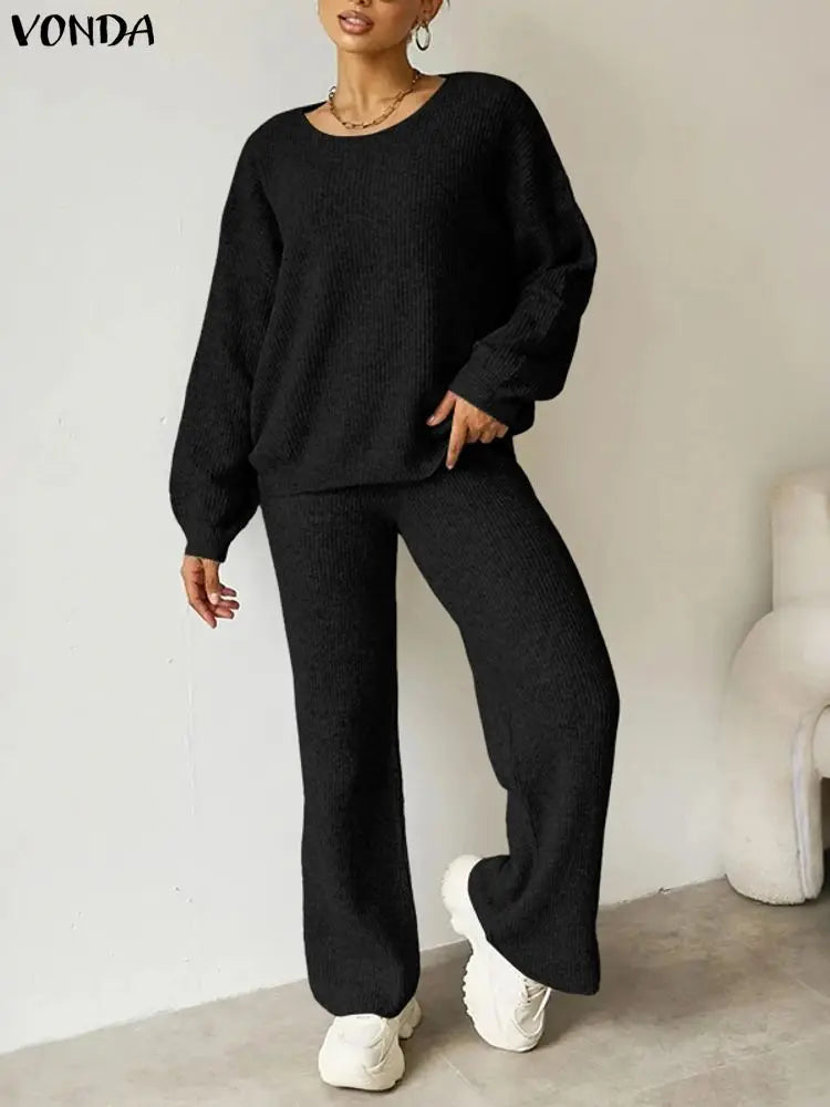Plus Size 5XL VONDA Women Knitted Pant Sets 2025 Autumn Long Sleeve Sweater and Long Pants Suits Fashion Solid 2 Piece Outfits