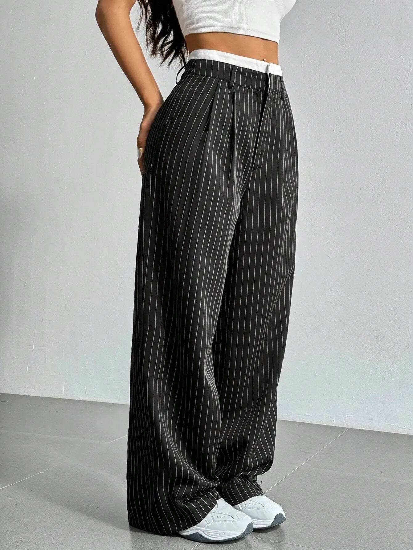 Women's Straight Leg Pinstripe Trousers High Waist Office Business Pants Casual Striped Dressy With Pockets