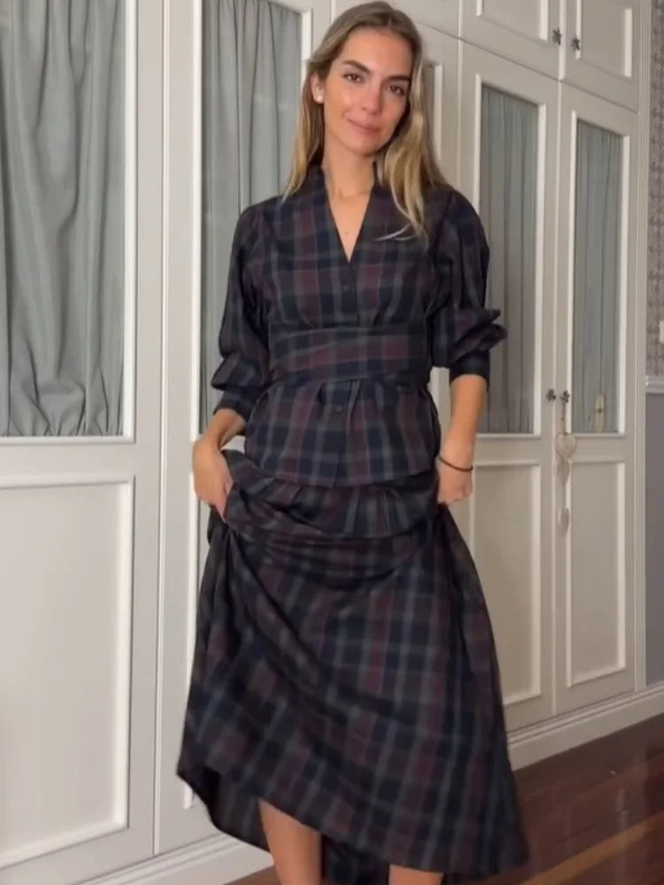 Casual Lace Up Pleated Checkered Suit Women Elegant Long Lantern Sleeves Slim fit Set 2025 Autumn Office Lady Commute outfits