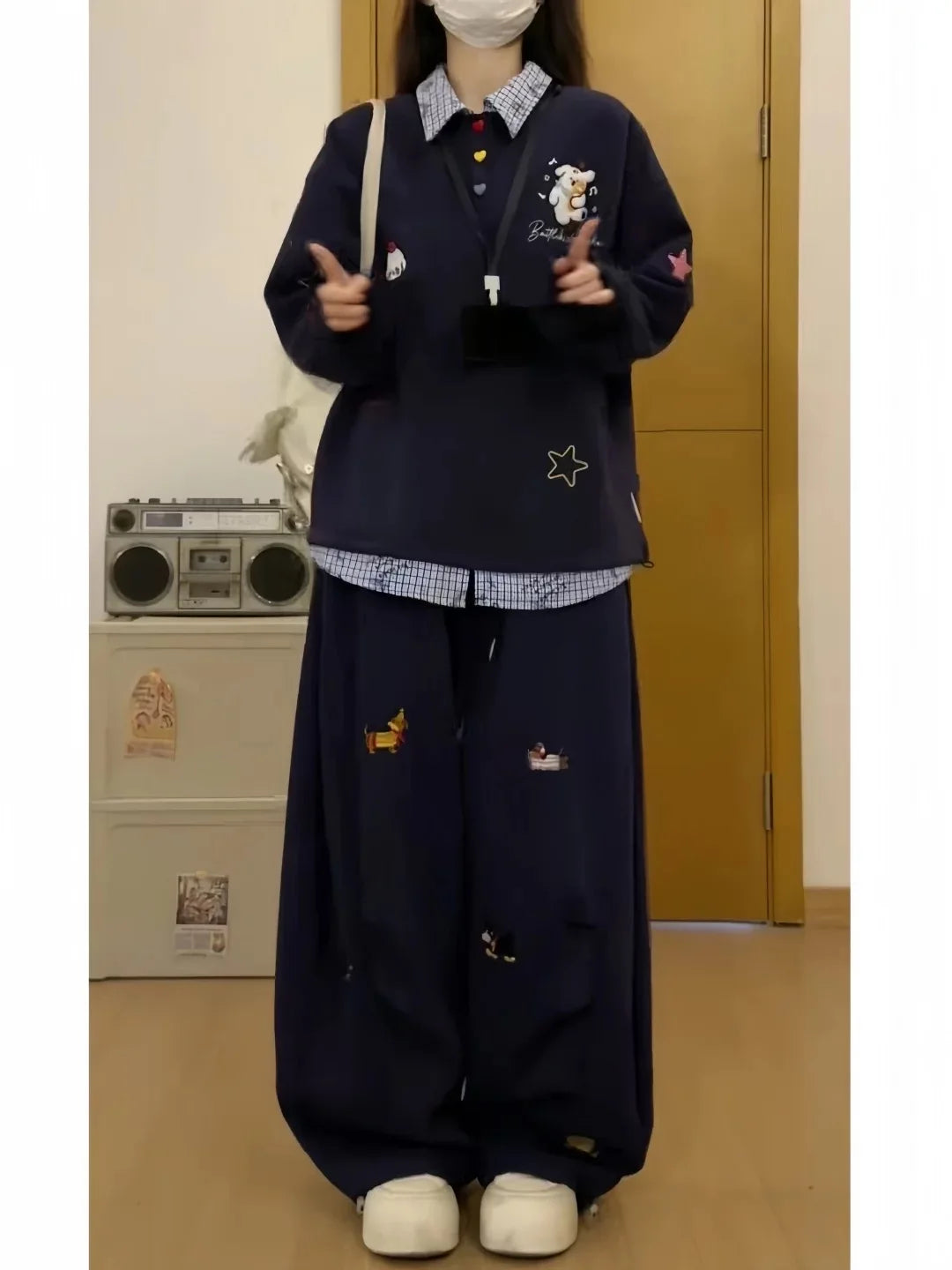 American Retro Style Embroidered Dog Polo Collar Faux Two-Piece Set for Women, New Loose Fit Slimming College Style Couple Sweatshirt and Pants Two-Piece Set