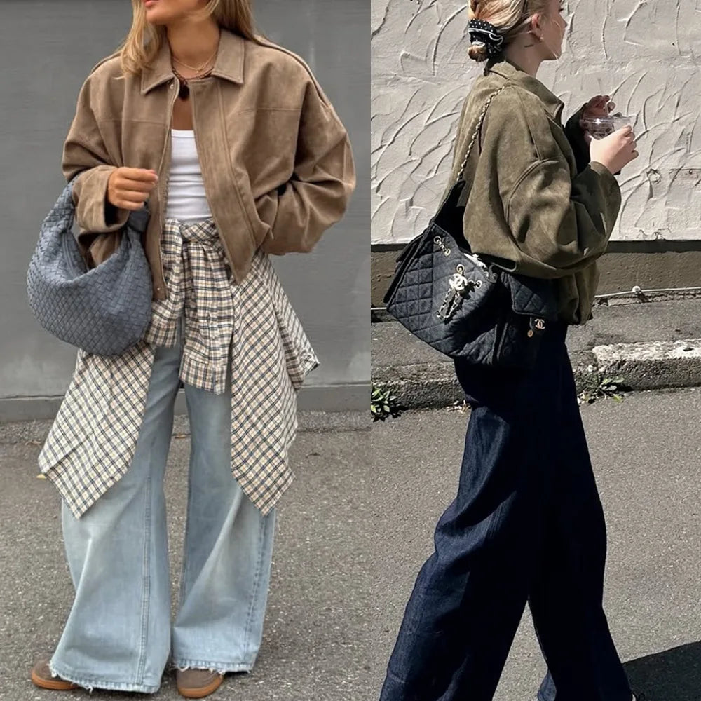 Women's Suede Jacket Outerwear Pilots Style Zipper Closure Medium Thickness Loose Fit Street Style Pure Color Casual Coat