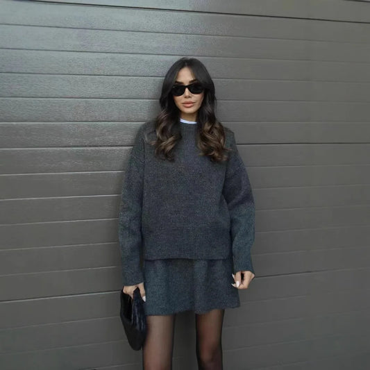 Preppy Style Knitted Two Piece Set Women 2025 Winter Autumn O Neck Loose Sweater Pullover A Line Skirt Streetwear Chic Outfits