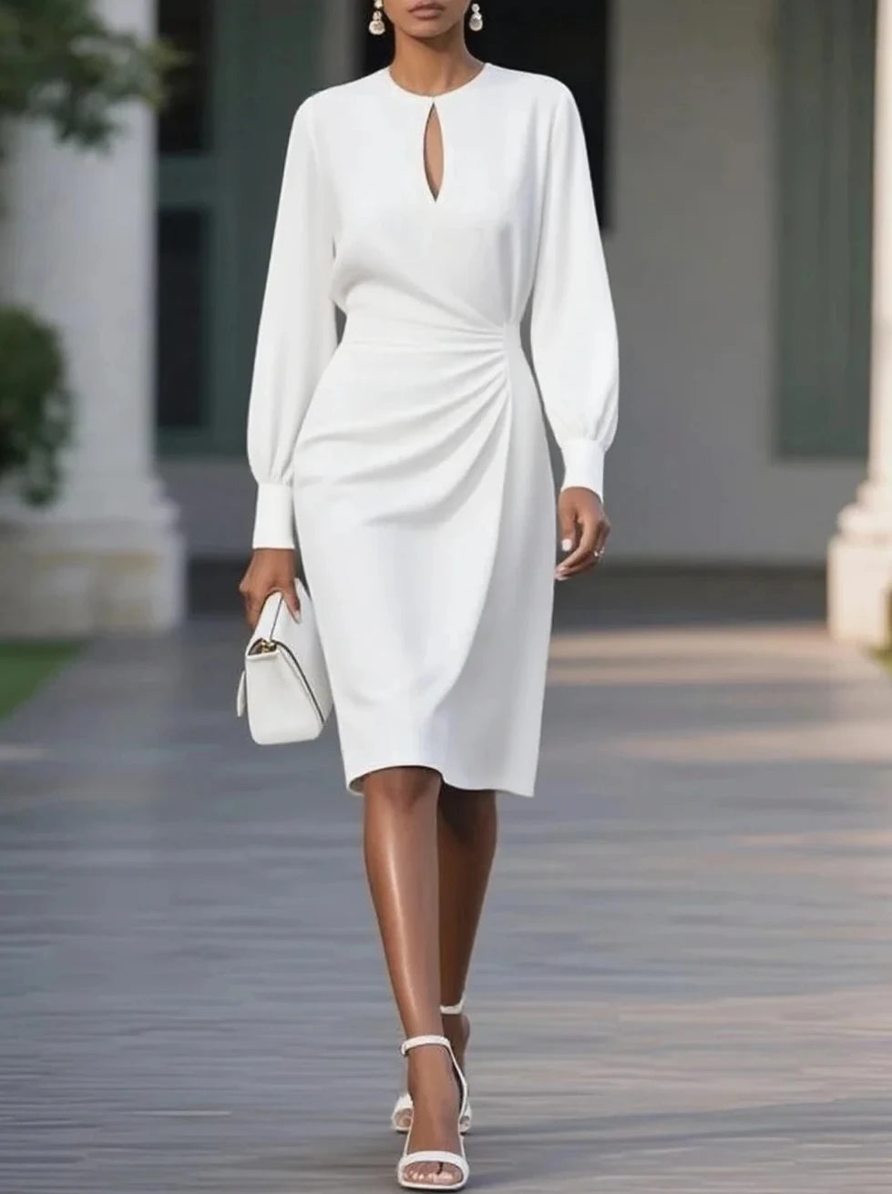 Elegant Woman Dress  O Neck Hollow Out Long Sleeve Office Dress Women Slim A-Line Party Long Dresses