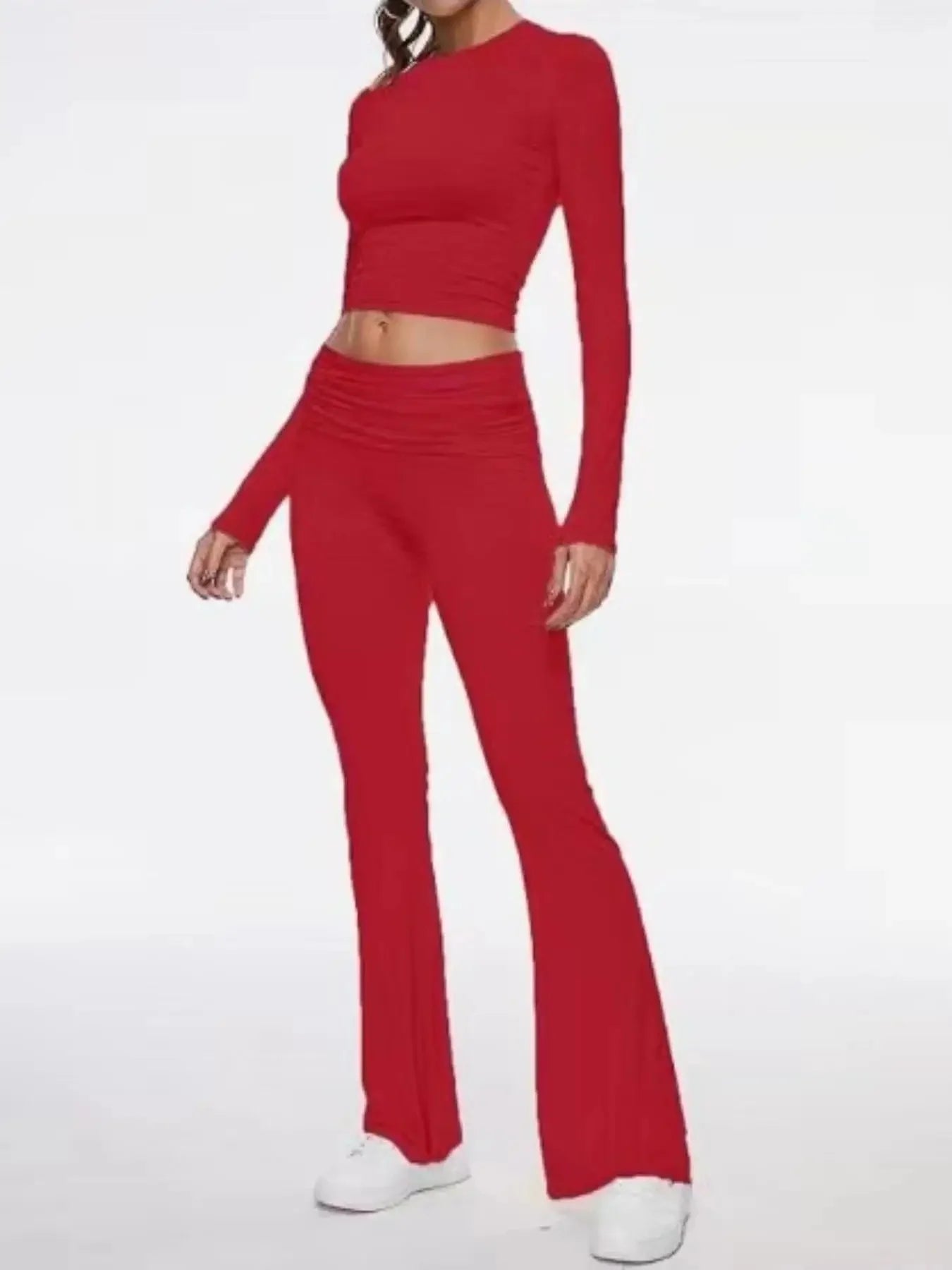 High-End Women's Long Sleeve Top And Flared Pants Set Fashionable And Stylish Polyester Fiber from Mainland China