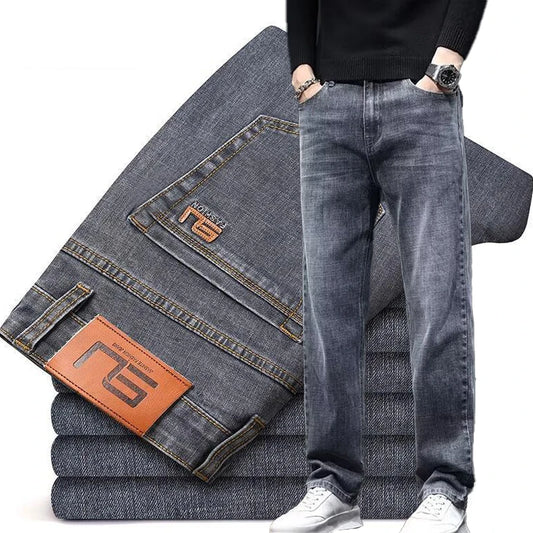 2025 New Men Fashion Loose Straight Elasticity Jeans Male Wear-resistant Slim Fit Denim Pants Smart Casual Dark Gray Trousers