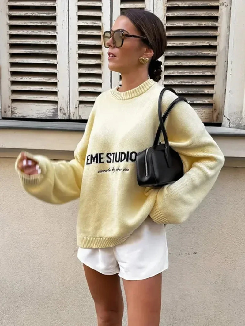 American Fashion Solid Knitted Women Casual Rib Pullover Round Neck Long Sleeve Loose Sweater  Autumn Lady Daily Street Outwear