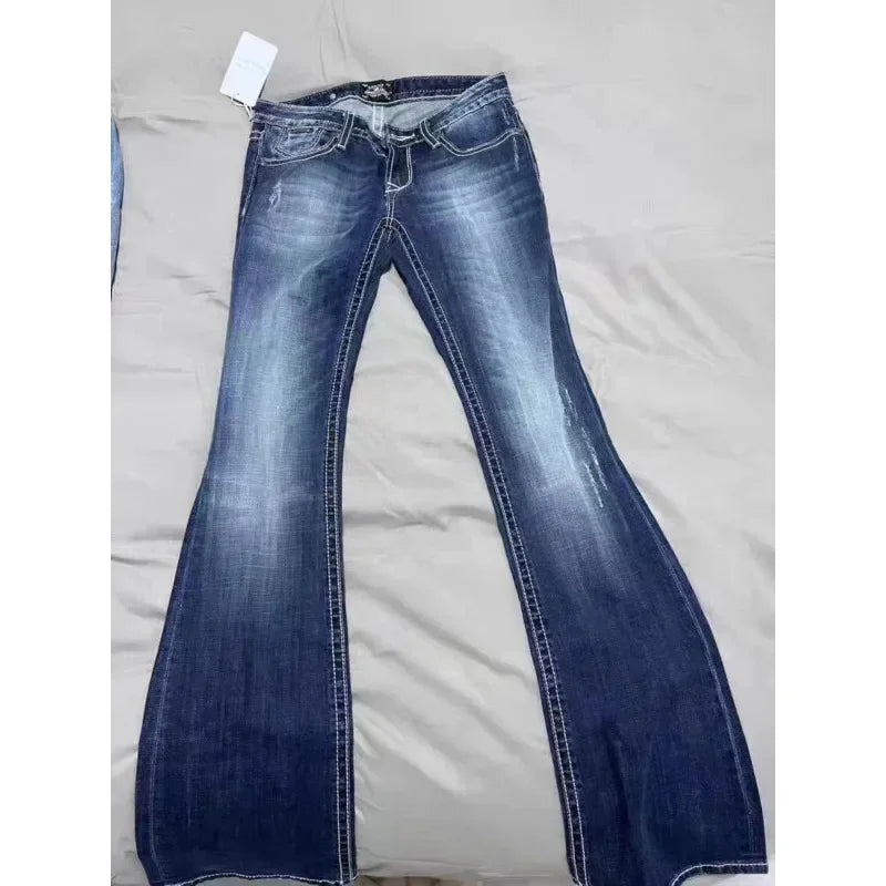 Blue Low Rise Flare Jeans Vintage 2000s Slim-fitting Denim Pants Korean Style Women Trousers y 2 k Distressed Mom 90s