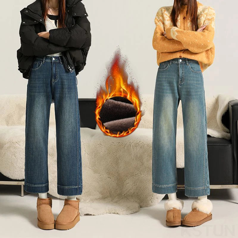KSTUN Winter Women's Fleece Jeans Embroidered Ankle-length Pants Stretch Straight Cut Thick Trousers Lady Wide Leg Warm Vintage
