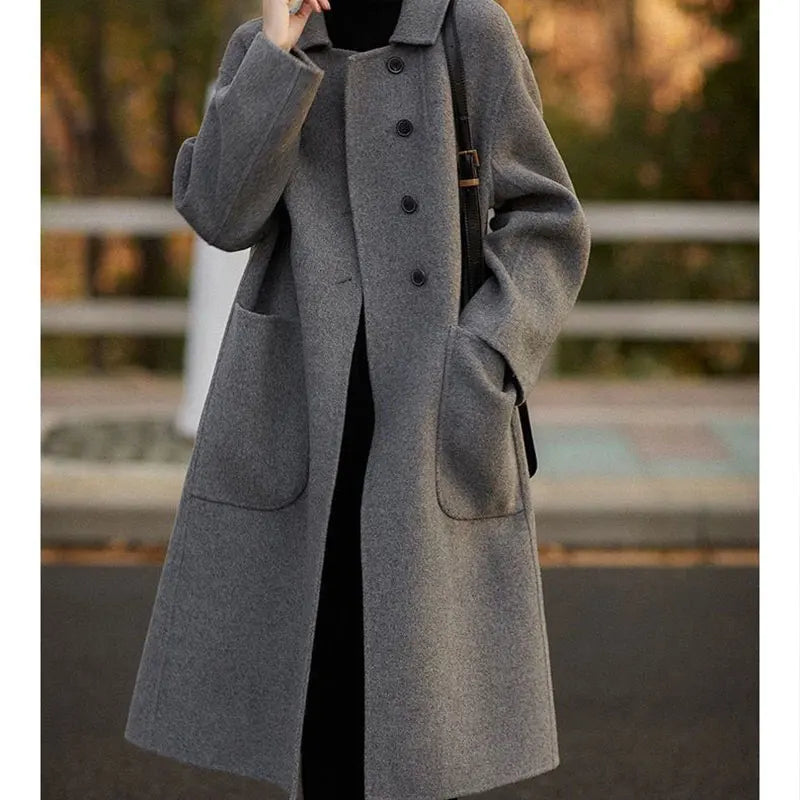 Solid Button Pockets POLO Collar Long Sleeve Outerwear Elegant Fashion Harajuku Female Clothes Loose Casual All Match Overcoat