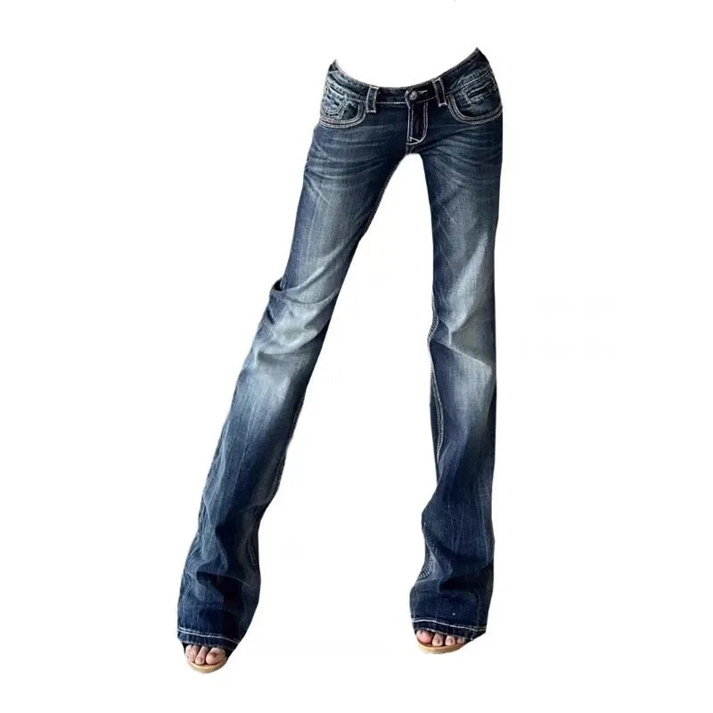 Blue Low Rise Flare Jeans Vintage 2000s Slim-fitting Denim Pants Korean Style Women Trousers y 2 k Distressed Mom 90s