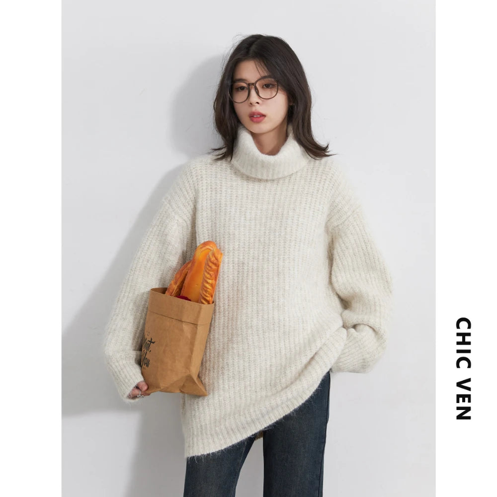 CHIC VEN Women Turtleneck Sweaters Solid Loose Casual Pullovers Bottom Thick Warm Female Jumpers Knitwear Autumn Winter 2025