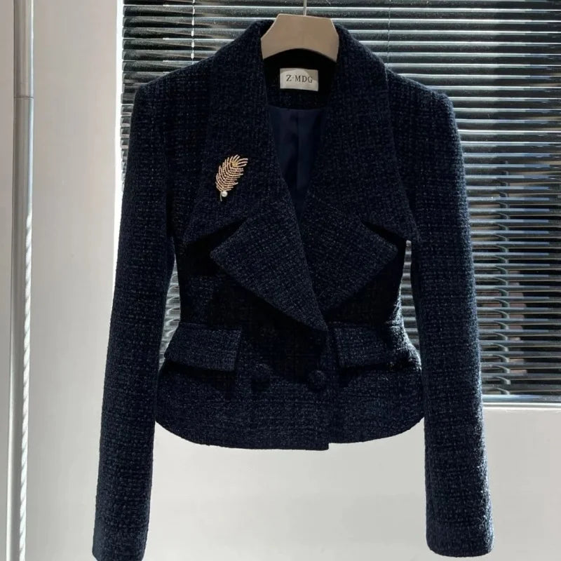 BESTBAFU Autumn Fashion Tweed Set 2-Piece Elegant Office Formal Suit Women Notch Collar Double Breasted Jacket+Midi Skirt 105F