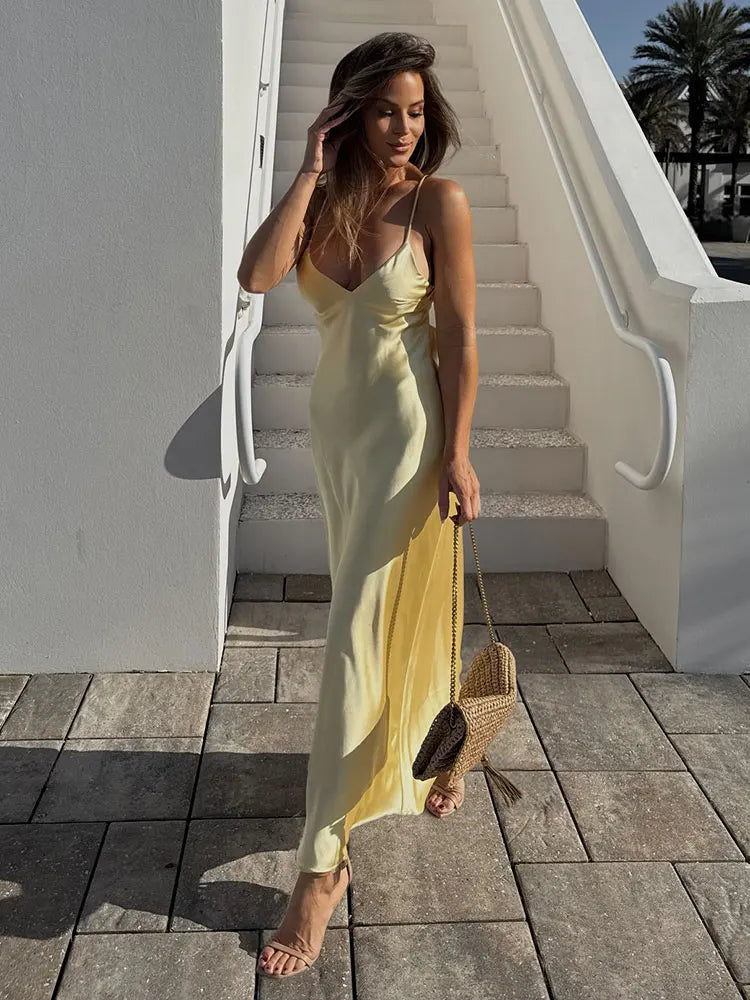 HH Women Summer Yellow Stain V Neck Sling Dress Elegant Sleeveless Loose Maxi Robes 2025 New Ladies Party Holiday Dresses