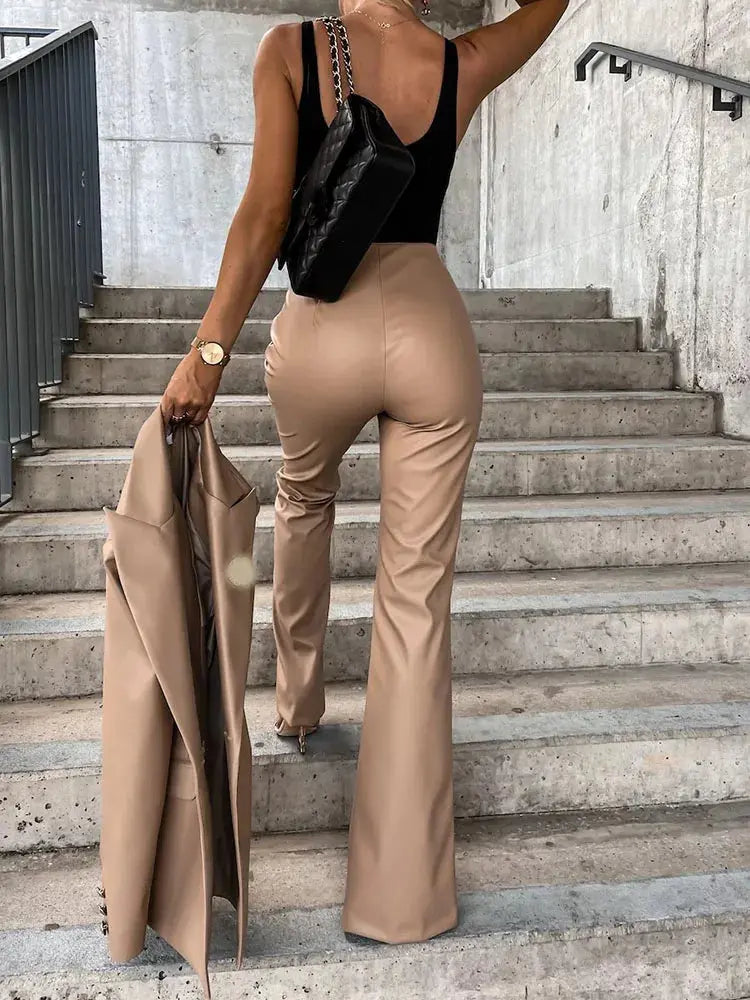 PU Leather Slim Straight Pants For Women High Waist With Pockets Chic Workwear Trousers