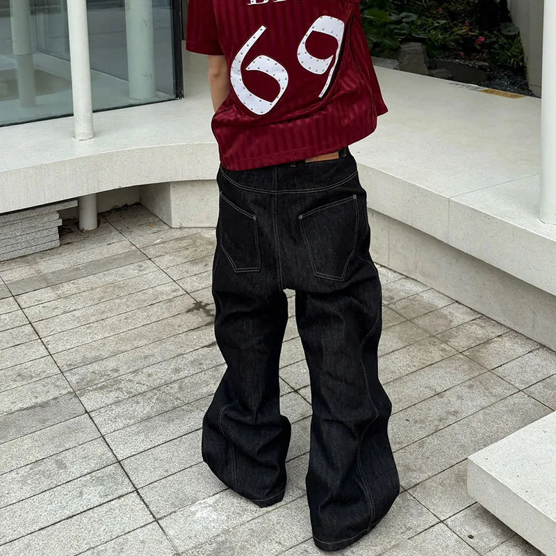 Korean High Street Buckle Curved Jeans Autumn Men'S Loose Straight Leg Pants Black Wide Leg Pants Casual Pants Hip-Hop Pants