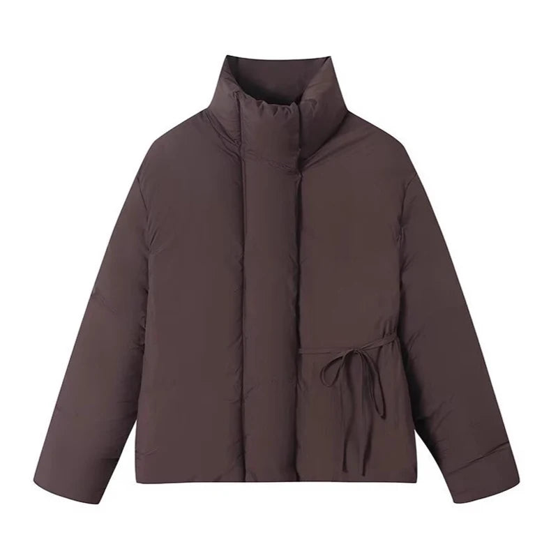 Buttoned Tie-Waist Stand Collar Puffer Jacket Solid  Long Sleeve 2025 Winter Cozy Warm Women Outerwear Chic Casual Lady Coat