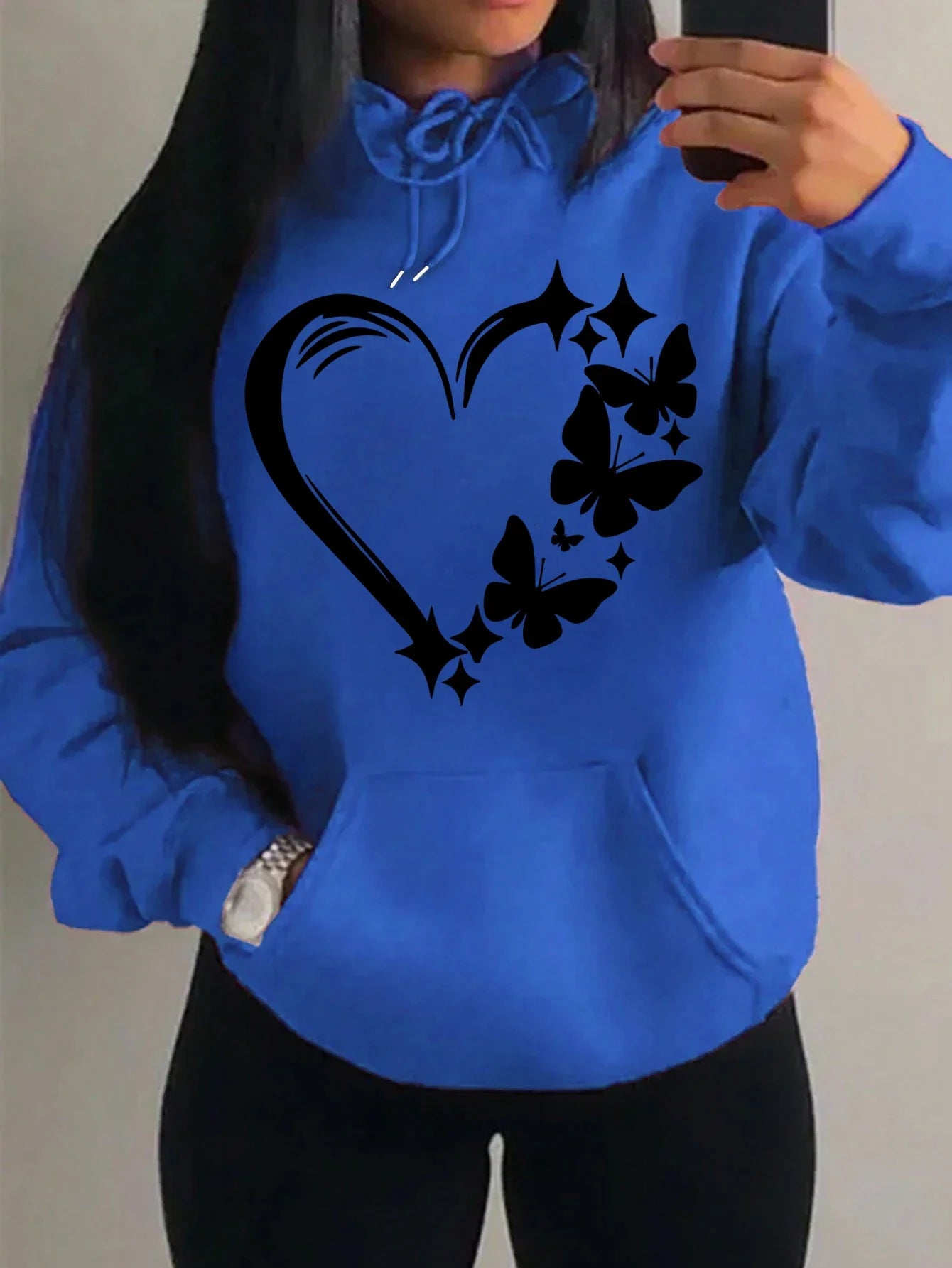 Women's Love and Butterfly Pattern Hoodie Hip Hop Street Fashion Pocket Clothes Retro Multi Color Hoodie