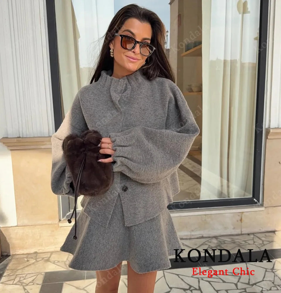 KONDALA Ladies Fall Knitted Skirt Set Pleated O-Neck Buttons Jacket, Mini Skirt 2025 Autumn Fashion Elegant Female Skirt Suit